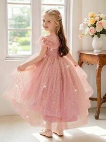 Young Girls Sequin Mesh Puff Princess Dress Elegant Party Train Gown Suitable For Banquet Stage, Headband Not Included - Dusty Pink - View 2