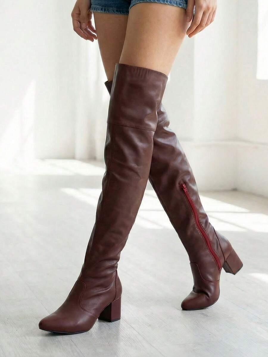 Bota Over The Knee Feminina Vinho Cano Até a Coxa Salto Zíper Novidade