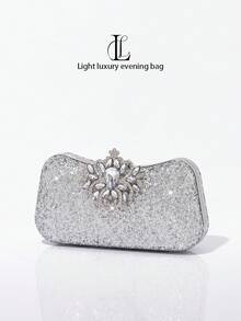 1pc Silver Sequin Luxury Elegant Evening Bag, Fashion Glitter Clutch, Ideal Gift For Women, Suitable For Parties, Weddings And Formal Occasions - Silver - View 5