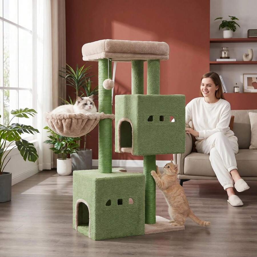 HaluPeit Brown Green Contrasting Double Cave Cat Tree Style Cat Climbing Frame, 3 Thick Sisal Columns, Grand View Platform, Suitable For Small Apartments - Green - View 1