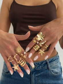 6pcs Vintage Bohemian Vacation Style Gold Flower & Starfish Ring Set, Stackable Rings, Women's Fashion Jewelry - Yellow Gold - View 2
