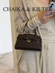 New Summer Lychee Texture Women's Handbag, Fashionable Shoulder Strap Decor Adjustable Crossbody Bag, All-Over Stone Texture Lace-Up Bow Minimalist Solid Color High-End Hardware Decor Shoulder Commuter Bag - Coffee - View 8