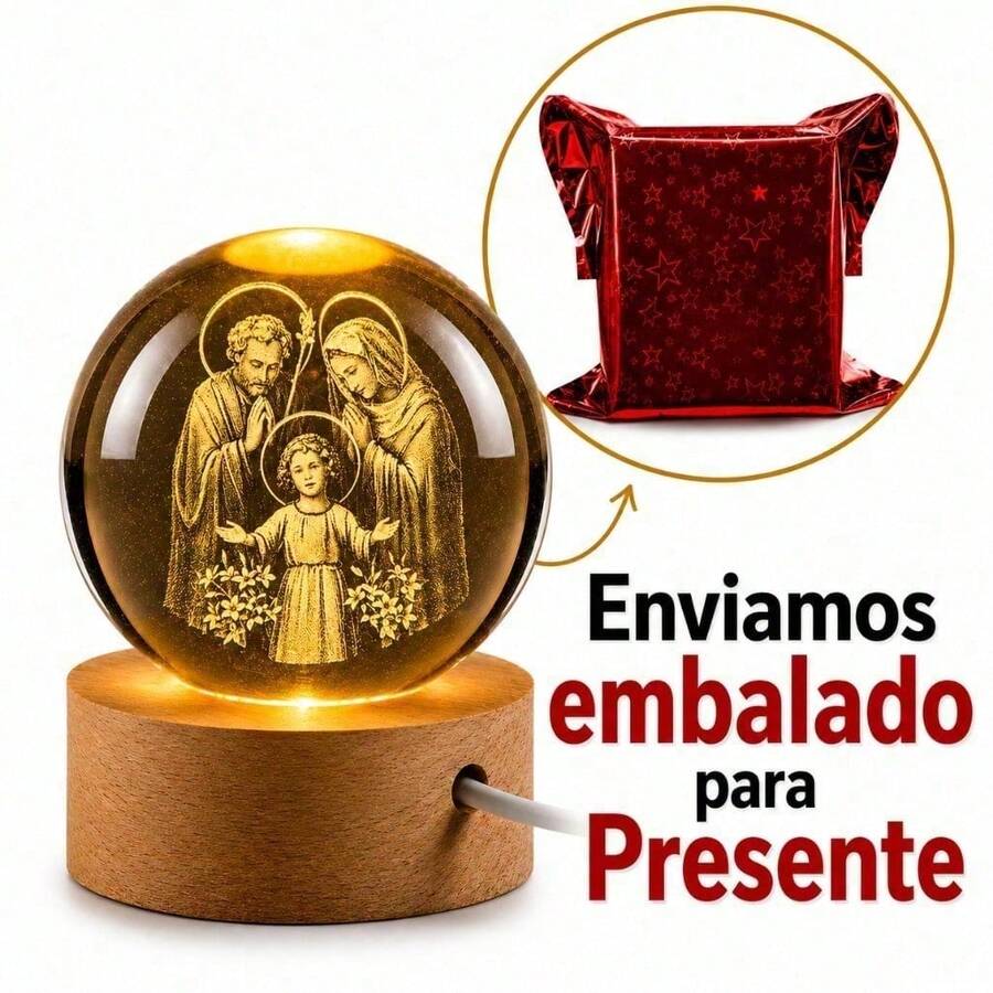 Luminária Cristal de mesa Nossa Senhora Aparecida Padroeira do Brasil Fé LED Presente Natal Bola Vida - familia santa  p  presente - Visão 1