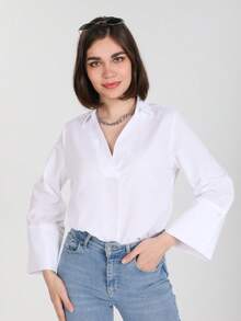Cross Collar Terry Cotton Shirt - White - View 3