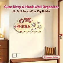 Sanrio 可愛 Hello Kitty 雲朵造型壁掛式鑰匙架，免鑽孔玄關鑰匙掛架，自黏式 6 個鉤子卡通裝飾掛鉤，臥室入口居家裝飾禮物，門後掛式收納架，節日禮物 - 彩色 - 查看 9