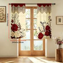 2 Stück beige und burgunderrote Rosenblumen-Spitzenbesatz bedruckte Vorhänge, Vintage romantische flache Druckvorhänge, ohne Futter, ohne Kordelzug - Verschiedenfarbig - Übersicht 12