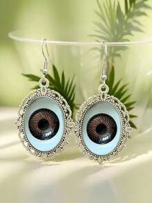 Vintage Antique Silver Hollow Eyeball Pendant Earrings, Gothic Witch Style Horror Halloween Jewelry, Punk Quirky Accessory Gift For Women And Girls - Brown Eyes - View 1