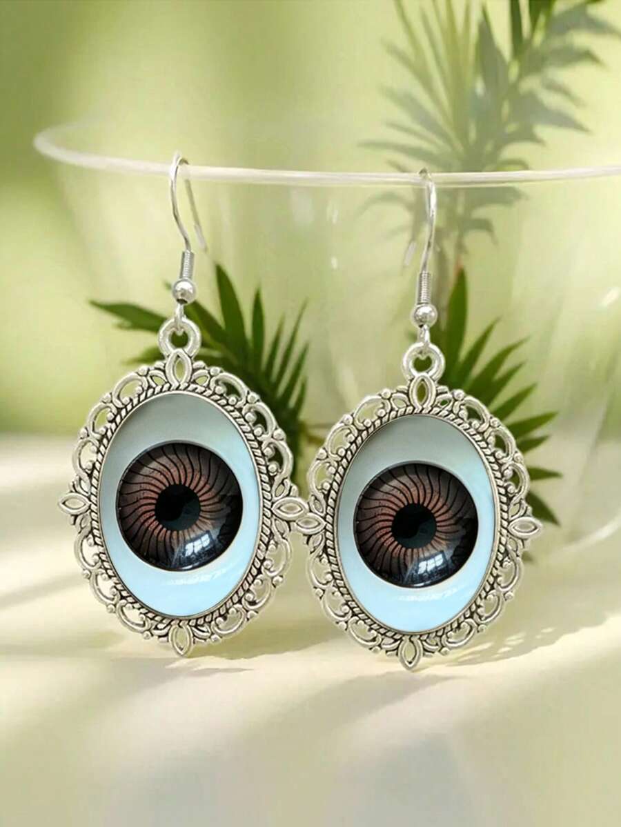 Vintage Antique Silver Hollow Eyeball Pendant Earrings, Gothic Witch Style Horror Halloween Jewelry, Punk Quirky Accessory Gift For Women And Girls - Brown Eyes - View 1
