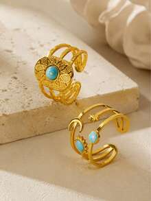 1pc Women's Stainless Steel Ring With Enamel Craft Geometric Design, Vacation Style, Suitable For Travel Wear - Yellow Gold - View 8