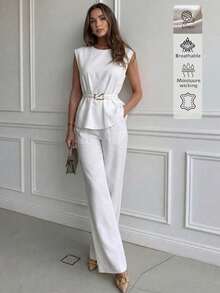 Ensemble 2 pièces en lin décontracté élégant minimaliste pour le quotidien et les trajets, avec ceinture, top sans manches minimaliste, style Old Money, tenue de travail pour femmes, blanc, été - Blanc - Voir 2