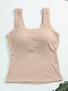 CELILIN Wide Strap Non-Constricting Square Neck Ribbed Waist Tank Top With Built-In Padding, Slimming Versatile Base Layer - Apricot - View 7