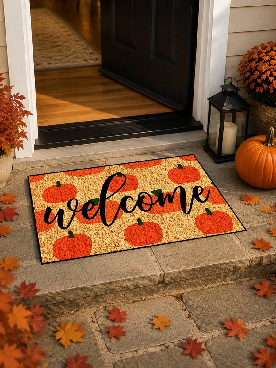 1pc, Autumn Harvest Festival Orange Pumpkin Background Welcome Pattern Doormat, Seasonal Style Machine Washable Polyester Fiber Mat, Suitable For Indoor, Outdoor, Daily Decoration, All Seasons - Orange - View 1