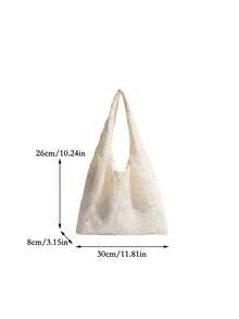 Sac fourre-tout à l'épaule pour femmes, tissu de dentelle brodé de fleurs, décoration de nœud en dentelle transparente, sac à main de style campagnard féerique à grande capacité souple, utilisation quotidienne pour les courses d'été - Blanc - Voir 6