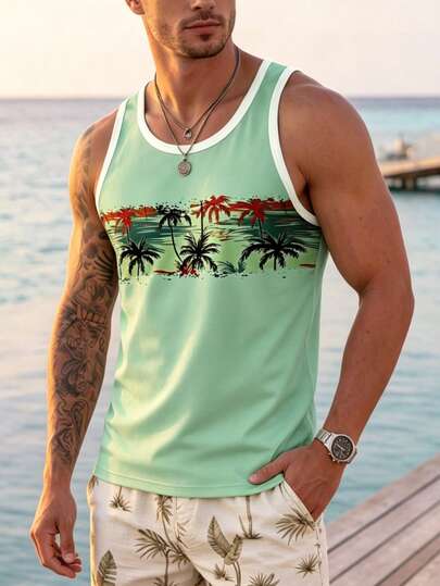 Men's Vacation Style Coconut Tree Print Tank Top, Summer Beach Casual Sleeveless Shirt