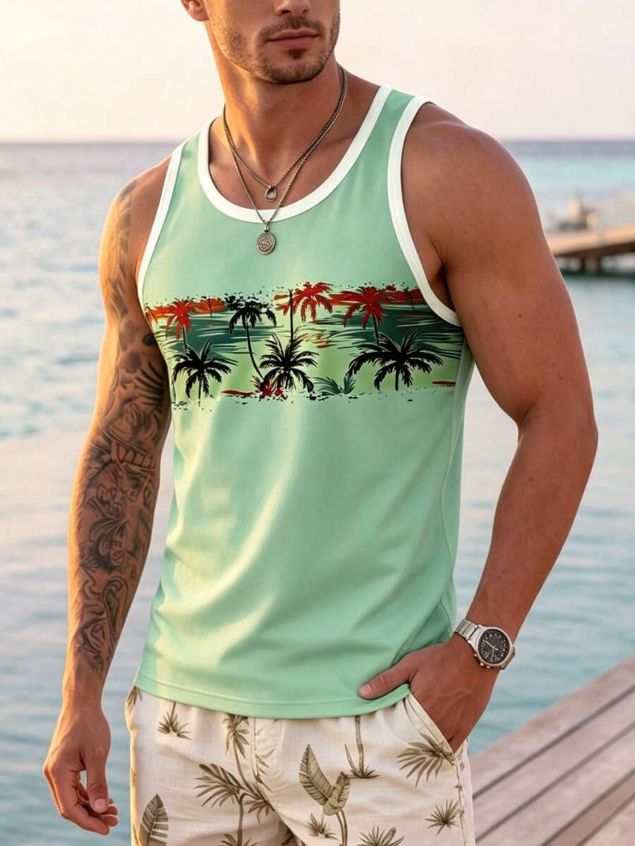男士度假風椰子樹印花背心,夏季海灘休閒無袖上衣 - 綠色 - 查看 1