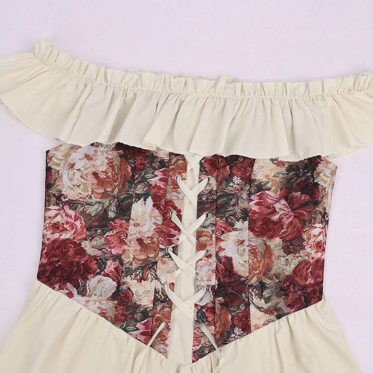 中世紀女性復古花卉束腰連身裙，露肩荷葉邊袖，舞會禮服，Cosplay洋裝 - 香檳色 - 查看 7
