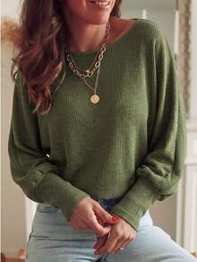 Plus Size Casual Solid Color Batwing Sleeve Top, Autumn/Winter - Green - View 1