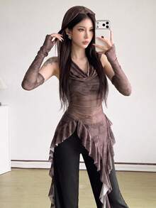 Top Dazzle Fashion Women's Hooded Knit Top, Asymmetrical Hem, Contrast Mesh Sleeves, Perfect For Creating A Look - Brown - View 2
