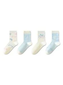 ZUJO 4 Pairs Sweet Women's Mid-Calf Socks, Bow & Letter Pattern Short Socks, Simple & Comfortable, Suitable For Spring, Autumn, Winter Sports Wear - Multicolor - View 5