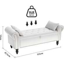 Storage Bench 133cm, Velvet Fabric Storage Box, Indoor Footstool, Bed Bench, Storage Chest With Armrests For Living Room, Bedroom, Hallway - White - View 6