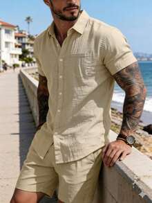 Men's 2-Piece Linen Casual Short Sleeve Button-Down Shirt And Shorts Summer Beach Set - Perfect Father's Day Gift For Dad, Husband, Him - Khaki - View 3