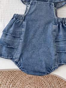 Cute & Playful Baby Girl Denim Romper With Ruffle Flutter Sleeves, Chest Embroidery, Adjustable Button Shoulder Straps - Medium Wash - View 7