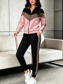 Setelan 2 Potong Atasan Lengan Panjang dan Celana Motif Leopard Blok Warna Terbaru Musim Semi, Gugur, dan Musim Dingin - Merah muda+Hitam - View 6