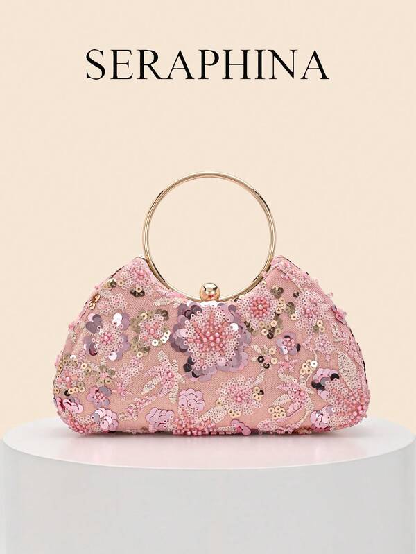 1pc Pink 3D Flower Sequin Embroidered Fabric Handheld Crossbody Bag With Pearl Lock Closure, Chinese Style Sweet Evening Clutch For Women, Wedding, Date, Banquet, Cheongsam Matching Small Purse