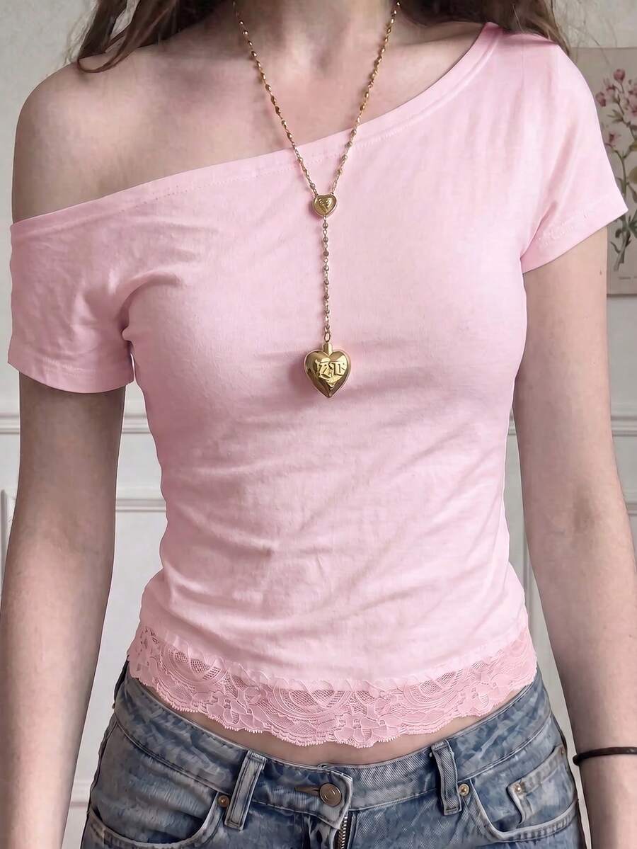 SCARLUX 秋季 Y2K 女款基礎棉質不對稱單肩上衣,粉色蕾絲飾邊短版 T-shirt,適合返校季與日常休閒穿搭 - 粉色 - 查看 1