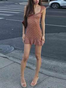Women's Sexy Ruffle Strap Sleeveless Short Fitted Dress, Floral Pattern Knit Fabric Mini Dress For Hot Summer Days Or Night Out - Pink - View 4