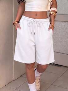 Women's Summer Casual Versatile 5-Point Pants, Elastic Waist Drawstring Loose Drape Lazy Wide Leg Mid-Length Shorts - White - View 4