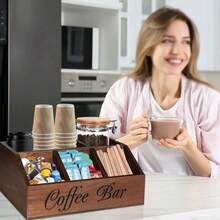 Rustic Wooden Coffee Station Storage Rack, Countertop Use, Multifunctional Brown Coffee Capsule Storage Basket With Drawer And Hooks, Suitable For Coffee, Tea And Accessories Decoration, Coffee Bar Applicable - Multicolor - View 5