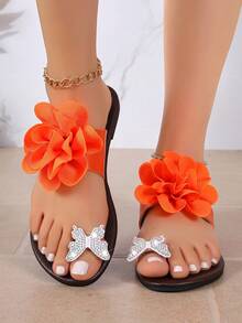 Women's 3D Floral Toe-Post Sandals, Flat Rhinestone Butterfly Pattern Flip-Flops, Summer Vacation Beach Casual Sandals - Orange - View 4