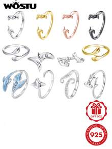 WOSTU 1pc Cute Animal Theme 925 Sterling Silver Multi-Tone Open Band Ring Dolphin Fox Hug Hand Design Jewelry For Women Party Anniversary Gift - Adjustable - View 2