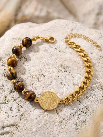 ZIRUISP Saint Benedict Medal Tiger Eye Bracelet Women Men, Adjustable Stainless Steel Cuban Chain, San Benito Catholic Protection Amulet Jewelry Gifts