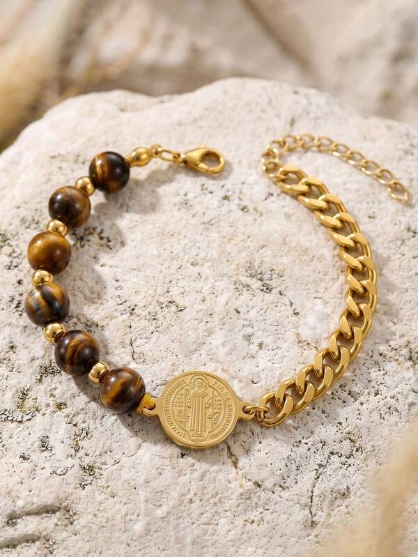 ZIRUISP Saint Benedict Medal Tiger Eye Bracelet Women Men, Adjustable Stainless Steel Cuban Chain, San Benito Catholic Protection Amulet Jewelry Gifts