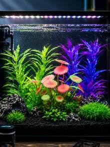 Artificial Aquarium Plant Decoration, Colorful Plastic Faux Water Grass With Lotus Leaf, Fish Tank Landscape Ornament, Suitable For Reptile Enclosure, Turtle Habitat, Tank Decor, Fixed Base, Non-Living Plant, Easy To Clean Aquarium Decoration - A - View 1