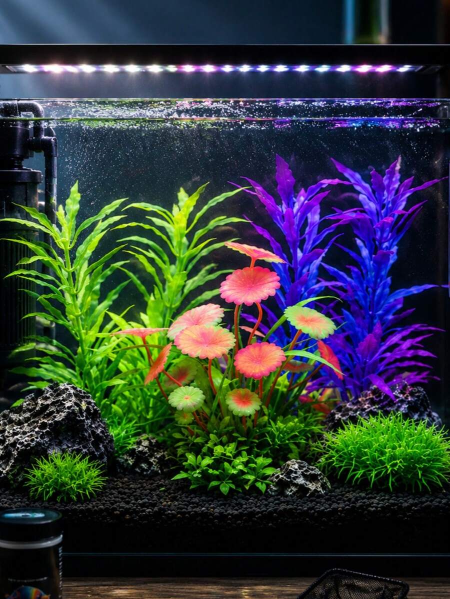 Artificial Aquarium Plant Decoration, Colorful Plastic Faux Water Grass With Lotus Leaf, Fish Tank Landscape Ornament, Suitable For Reptile Enclosure, Turtle Habitat, Tank Decor, Fixed Base, Non-Living Plant, Easy To Clean Aquarium Decoration - A - View 1