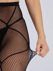 女款黑色魚網襪 微網格高彈力修身派對絲襪 - 黑色 - 查看 4