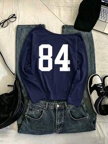 ENGU CO. 返校季 Y2K 一字領長袖 T-shirt，復古 84 數字印花寬鬆休閒運動上衣 - 藏蓝色 - 查看 2