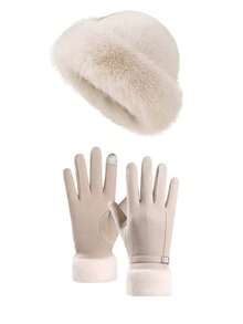 Women's Winter Hat And Touchscreen Gloves Set, Solid Color Elegant Luxury Design, Made Of Faux Fur And Suede-Like Fabric, With Plush Cuffs And Exquisite Metal Buckle - Multicolor - View 14