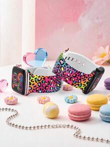 Colorful Leopard Print Watch Band Compatible With Apple Watch 40mm 41mm 42mm 44mm 45mm 46mm 49mm, Fashionable Soft Comfortable Casual Sports Rivet Buckle Silicone Strap, Compatible With Apple Watch Series Ultra/12/11/10/9/8/7/6/5/4/SE, Men's Women's Printed Smart Watch Band - UV033-multi-color - View 3