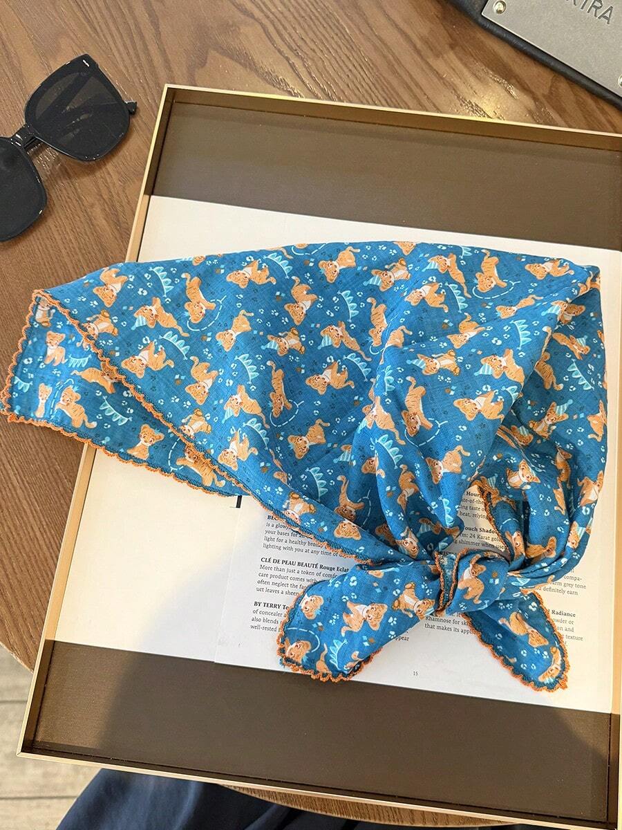 1件動物印花小方絲巾 女款 春秋新款 高級質感薄紗圍巾 百搭裝飾領巾 薄款優雅絲巾 - 水鴨藍 - 查看 1