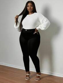 Plus Size Slant Pocket Ruched Skinny Jeans - Dark Black - View 2