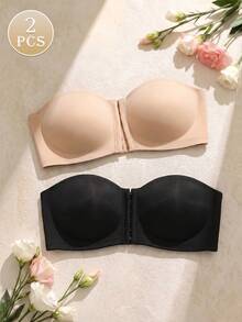 2pcs Bra Bandeau Push-Up Penutup Depan Wanita, Anti Selip Tanpa Jahitan Bernapas Nyaman Tanpa Kawat Penyangga Tebal Bantalan Tube Top - MultiWarna - View 2