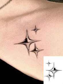 1 Sheet Fine Dot Stippling Gradient Star Collarbone Tattoo Sticker, Three Staggered Size Four-Pointed Stars With Gradient Grey Shading, Ins Ethereal Gentle Minimalist Aesthetic Body Art Decal For Girls Decolletage & Rib Side - Black - View 1