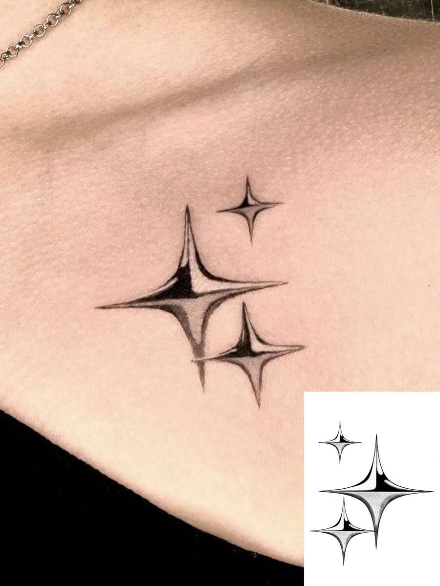 1 Sheet Fine Dot Stippling Gradient Star Collarbone Tattoo Sticker, Three Staggered Size Four-Pointed Stars With Gradient Grey Shading, Ins Ethereal Gentle Minimalist Aesthetic Body Art Decal For Girls Decolletage & Rib Side - Black - View 1