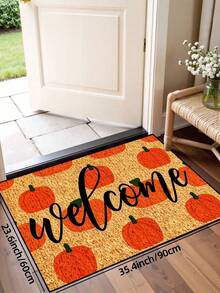 1pc, Autumn Harvest Festival Orange Pumpkin Background Welcome Pattern Doormat, Seasonal Style Machine Washable Polyester Fiber Mat, Suitable For Indoor, Outdoor, Daily Decoration, All Seasons - Orange - View 13