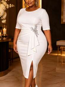 Gaun Bodycon Midi Putih Elegan AOMEI untuk Wanita Ukuran Plus, Leher Bulat, Pinggang Berkerut, Aplikasi Daun Rhinestone, Ruffle, Belahan, Gaun Formal untuk Tamu Pernikahan - Putih - View 7