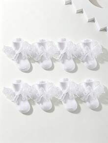 4 Pairs Girls Solid Color Ruffle Trim Cute Daily Ankle Socks, White Basic Everyday School Outfit - White - View 8